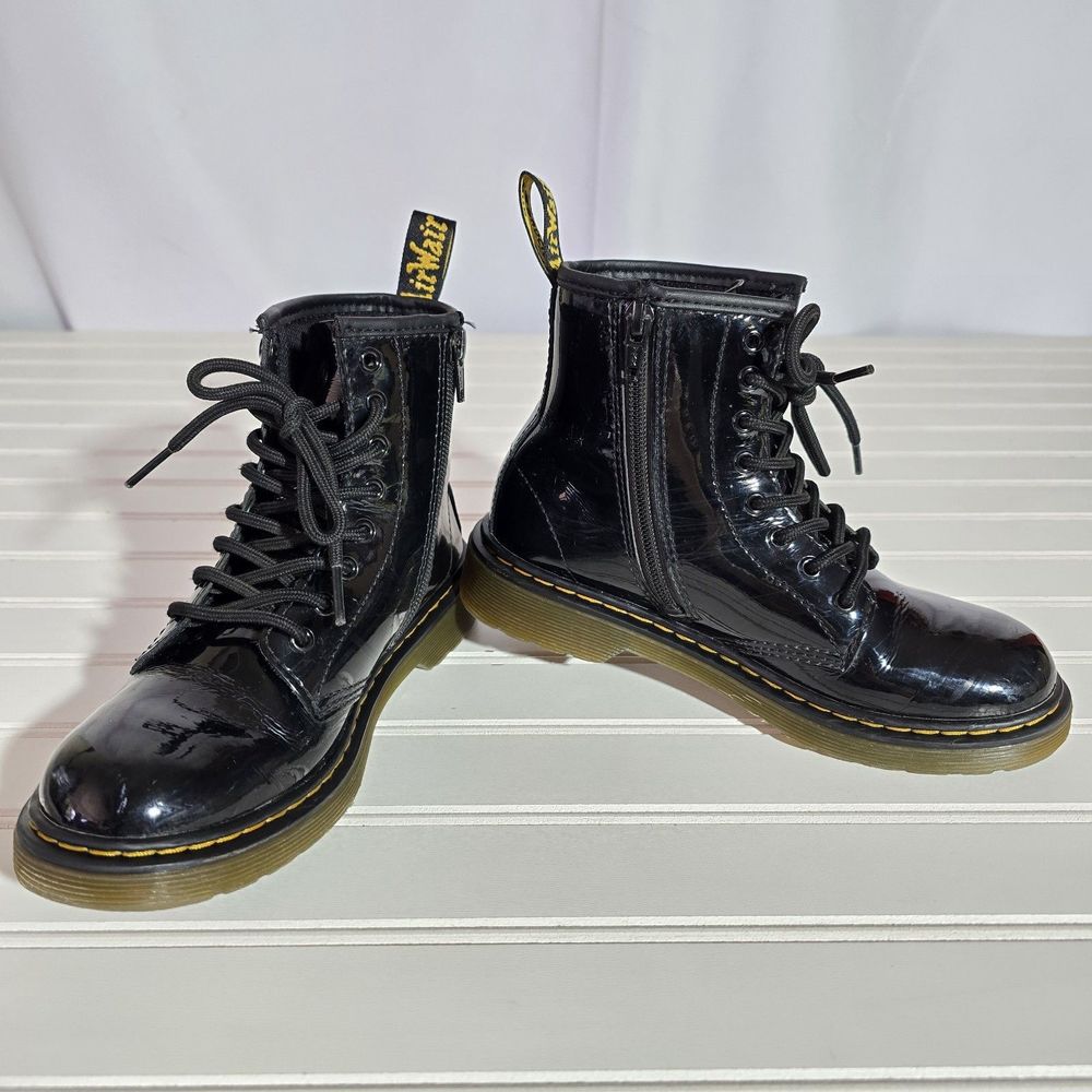 Dr. Martens Doc 1460 J Combat Boots Size 3 Black Patent Leather Side Zip
